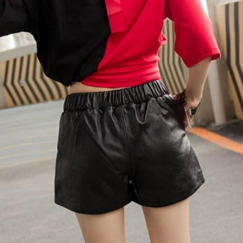 Autumn Winter New Elastic Waist Real Shorts Women Luxury Sheepskin Genuine Leather Short Pants Ladies Streetwear Casual