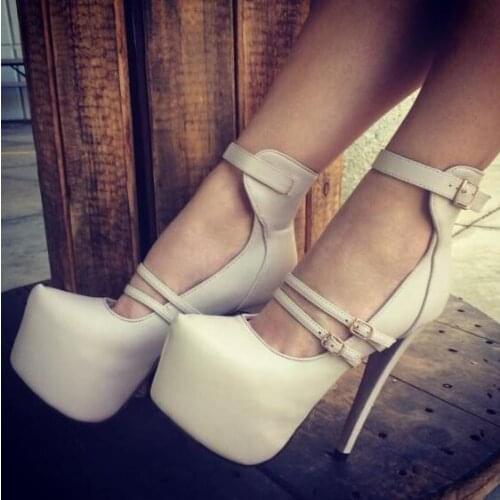 Drop Shipping Woman Cheap High Quality Solid White Blue Pink Buckle Strappy Stiletto Heels Platform Casual High Heel Pumps Shoes