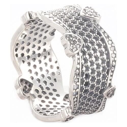 925 Sterling Silver pan Ring Lace Of With Crystal For Women Wedding Party Gift Fine Jewelry