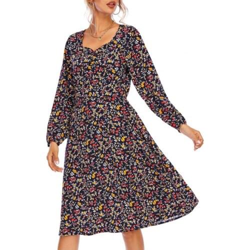 New Stylish Women Summer Beach Maxi Dress Floral Print V Neck Long Sleeve Chiffon Dress Waist Tied Dress for Dating Streetwear
