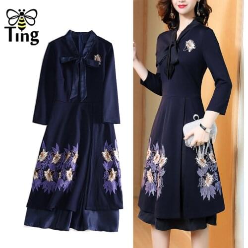 Tingfly Vintage Elegant Women Office Lady Work Dress Retro Bowknot Flower Embroidery A Line Dress Vestidos Haut Plus Size Elbise