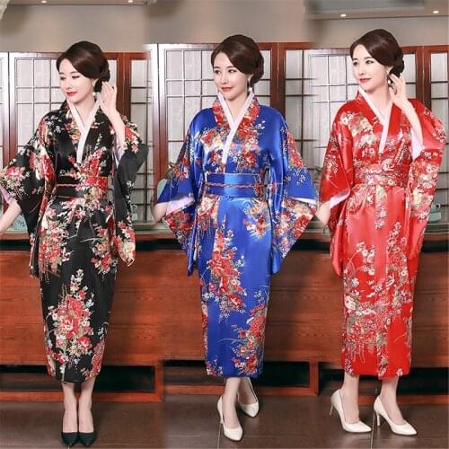 Shanghai Story Flower Print Vintage Party Women Sexy Satin Kimono Yukata Performance Dance