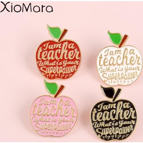 4 Styles Apple Enamel Pins Teacher Superpower Fruit Badge Jam Jewelry Brooches Lapel Pins For Teacher Gifts
