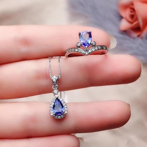 925 silver natural blue Tanzanite pendant ring natural gemstone jewelry set classic simple water drop woman party gift jewelry