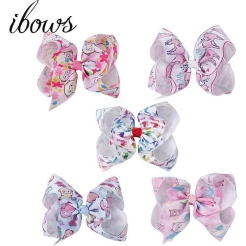 7'' Large Cartoon Alpaca Print Hair Bows Cute Sheep Rainbow Printed Hair Clips For Girls Hairbow Hairpins Hair Accessories