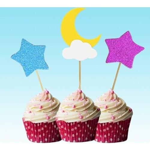 Glitter Star Moon Cake Topper Card Inserted Dessert Cupcake Baby Birthday Party Wedding Decorations Birthday Festa Infantil