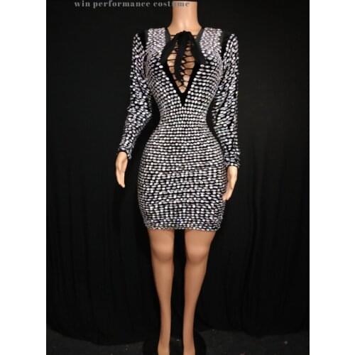 Black Birthday Party Celebrate Bodycon Bandage Dress Long Sleeve Luxury Diamonds Hollow Out Sexy stage clothing Women Evening