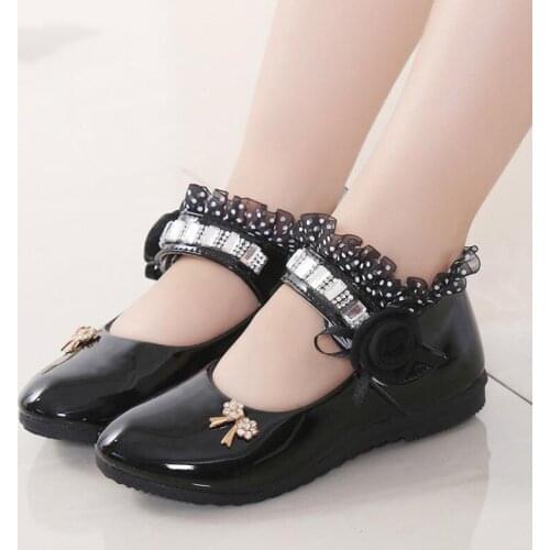 Girls children leather shoes wedding dress princess study shoes kids summer bow black student sandals