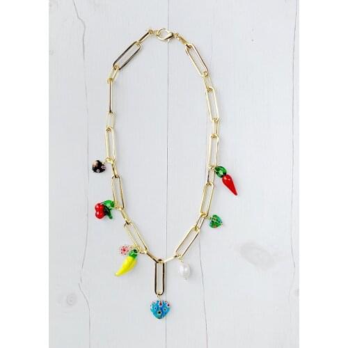 Long links chain 24k gold plated necklace with Murano glass and pearl charms Lampwork chili fruits hearts pendants necklace