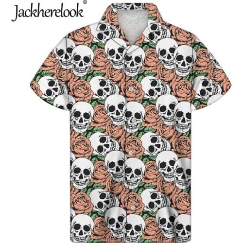 Jackherelook Rose Skull Print Floral Gothic Shirts Hawaiian Clothes Summer Short Sleeve Top Shirt Turn-down Collar Chemise Homme