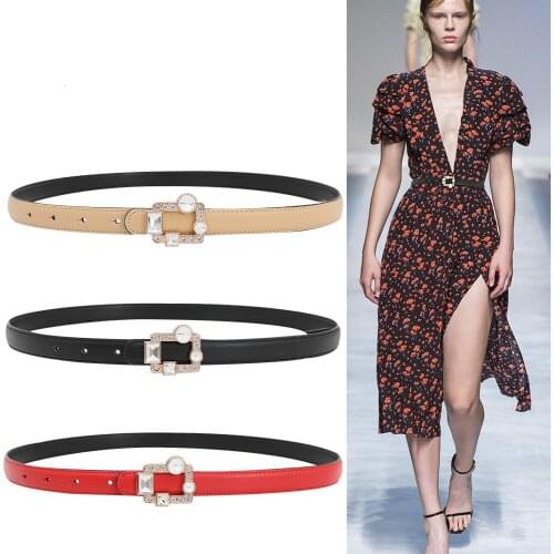 Beauty Cowhide Belts Thin Double Sides Genuine Leather Belt jeans Dress Lady Fashion Clear Crystal Square Buckle Waist Seal Girl