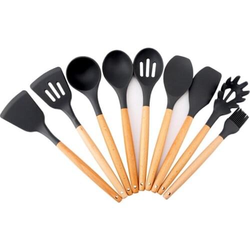 Kitchen Silicone Cooking Utensils Non-stick Spatula Shovel Heat Resistant Wooden Handle Spoons Cooking Tools Set Spatulas
