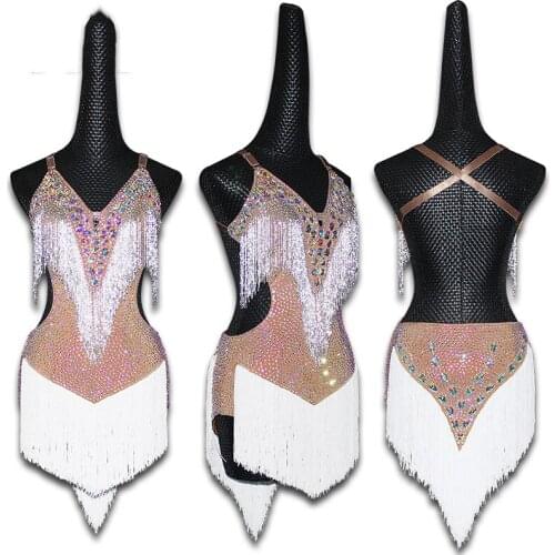 Customize Latin Dance Dress Women Tassel Backless Dance Dress Latin Dress Ballroom Rumba Samba Chacha Crystal Dress DQS1695