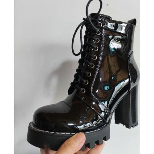 Salu Genuine Leather ankle Boots Black Autumn Boots For Women Solid Handmade Patent Leather Shoes