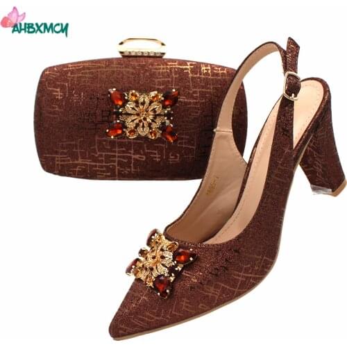 Elegant Style High Quality nIGERIAN Women Shoes and Bag to Match in Coffee Color Pretty Ladies Sandals with Shinning Crystal