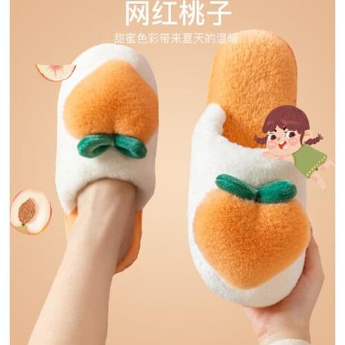 Slippers for Home Peach Chinelos Womens Flip-Flops Cartoon Fur Winter Warm Non-Slip Floor Kawaii Shoes