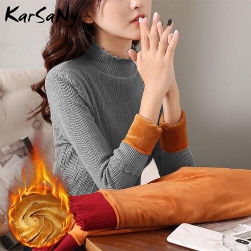 Turtleneck Sweater Women Knitted Office Thick Velvet Pull Femme Women Pullovers Winter Jumpers Knitwear Ladies Sweaters Warm