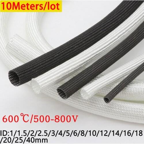 10M Black/White ID 1mm ~ 40 mm Braided Fiberglass Sleeve 600 Deg.C High Temperature Chemical Glass Fiber Tube Fiberglass Sleeve