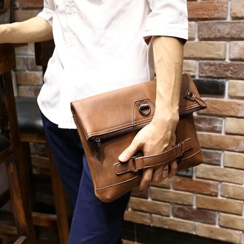 New Vintage Men Crazy Horse PU Leather Designer Tote Handbag Mens Large Capacity Fashion Brown Envelope Clutch Bag Shoulder Bag