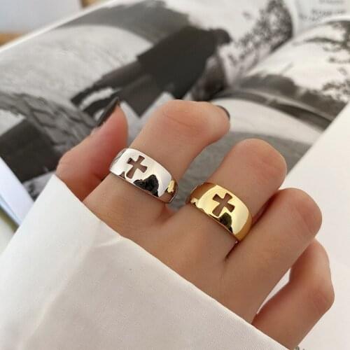1pc Authentic 925 Sterling silver White/gold Hollow Cross Religion Rounded Band Ring ADJUST jEWELRY TLJ1458