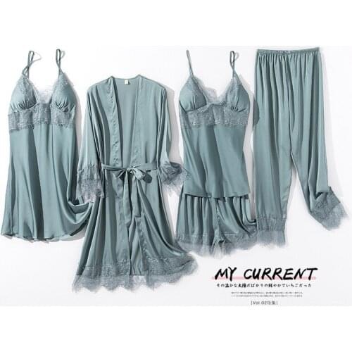 Pajamas Female Summer New Style Ice Silk Pajamas Five Pieces Set Comfortable Sexy Lace Homewear Set Wholesale