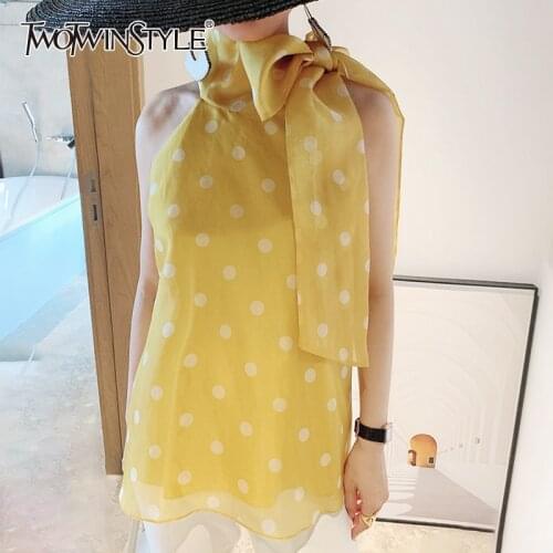 TWOTWINSTYLE Polka Dot Casual Shirt For Women Bowknot Collar Sleeveless Loose Vintage Blouse Female Fashion New Clothing 2021