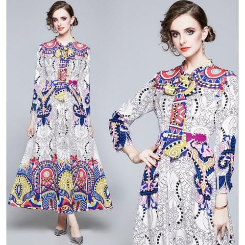 New 2021 Street Style Women Spring Autumn Long Big Shirt Dress Fashion Floral Print Office Lady England Casual Retro Dress Robe