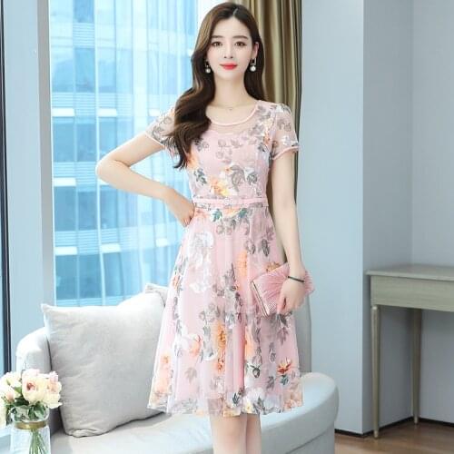 Women Print Dress Vintage short Sleeve Casual Loose Pleated Dress Party Dress
