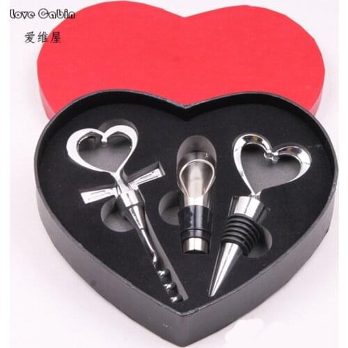 Wedding Wine Bottle Gift Set Wine Bottle Bar Tools Love Heart Shape Corkscrew Wine Opener Stopper Pourer Set 3pcs=1set