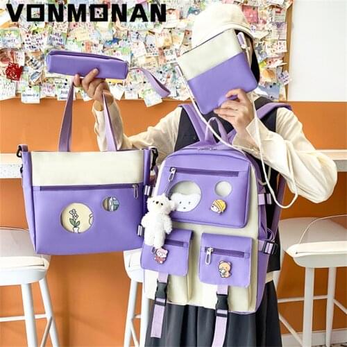 4 Pcs Kawaii Preppy Backpack Purses Cute Canvas School Book Bag for Teenage Girls College Bagpack Student Book Bag Rucksack 2021