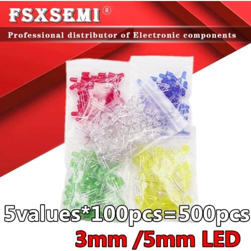 5values*100pcs=500pcs F5 F3 3mm 5mm LED Red White Green Yellow Blue