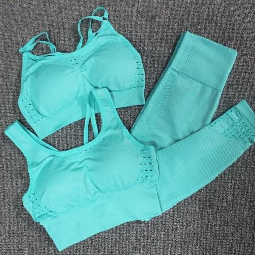 3pcs Seamless Yoga set Women Fitness Clothing Sport wear 2pcs Padded Push-up Strappy Sports Bra + Gym Leggings Women Sport Suit