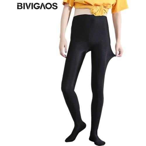 BIVIGAOS Chinlon Lustrous Black Leggings Womens High Elastic Shaping Pants Skinny Slim Leggings Sexy Workout Leggings Women