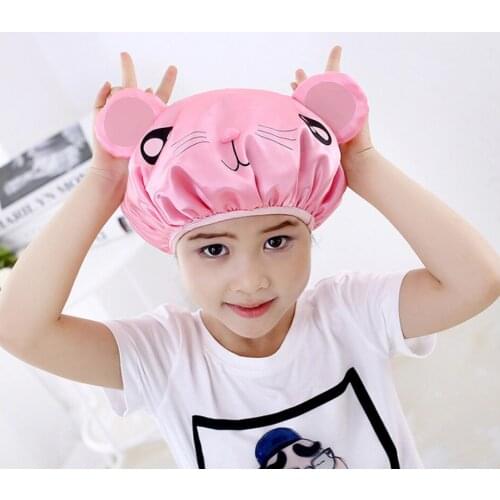 Double-layer Children Cartoon Waterproof Shower Caps Bathing Caps Elastic Shower Cap Hair Salon Bathroom Products Bath Caps