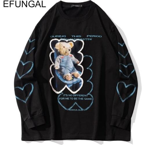 Men Oversized Tshirt Hip Hop Tees Shirts Fashion Long Sleeve Toy Bear Hearts Print Harajuku Streetwear Loose Cotton Casual Tops