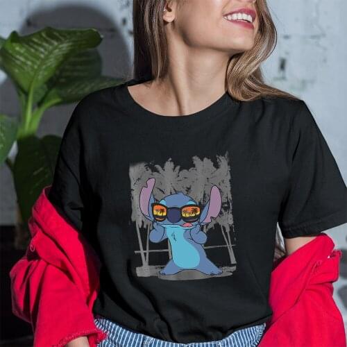 Disney Lilo and Stitch Hawaii T-shirt Printed Womens T-Shirt Harajuku Summer Female Top Tee For Lady Girl Funny Black T-shirts