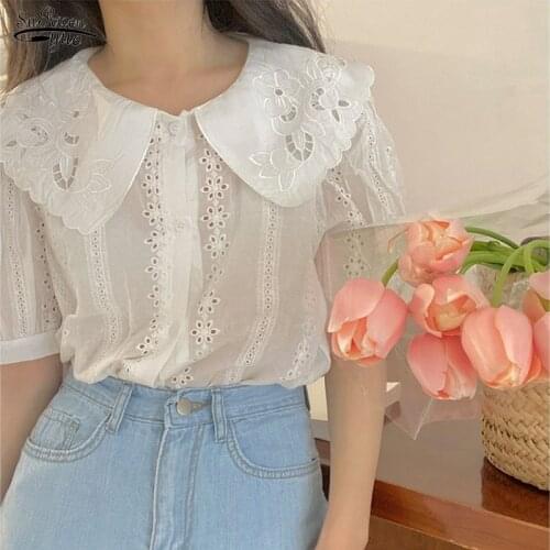 New Female Design Sense Sweet Niche Temperament Tops Solid Cotton White Embroidery Hollow Out Wavy Edge Lapel Shirt Blusas 14600