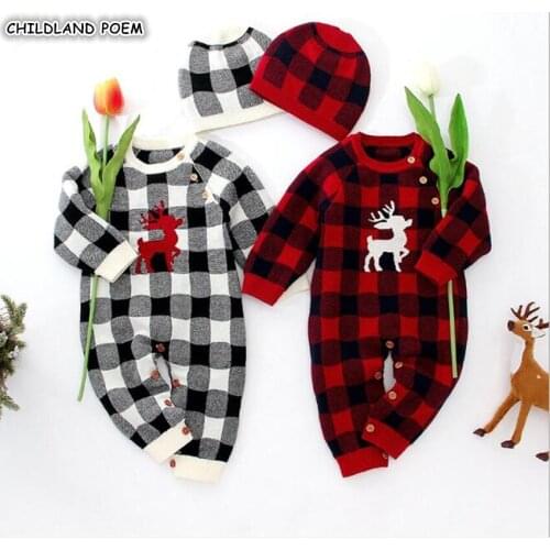 Baby Boy Girl Clothes Christmas Baby Romper Newborn Deer Plaid Knitted Baby Clothes With Hat Baby Costume Infant Baby Jumpsuit