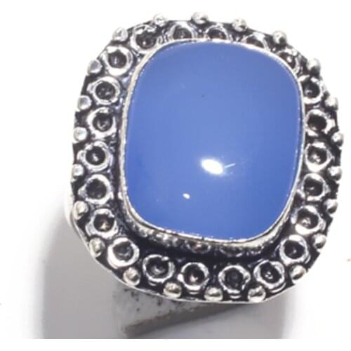 Genuine Blue Chalcedony Ring Silver Overlay over Copper Hand made Jewelry nature stone Women gift, Size : 8 , R6761