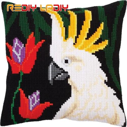 Cross Stitch Cushion Front Night Jungle Parrot Pillow Case Pre-Printed Canvas Acrylic Thick Yarn Cross-stitch Needlepoint Kits