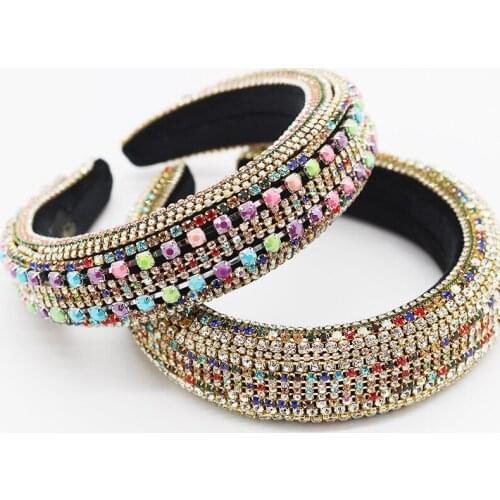 New Fashion Luxury Baroque Headband Sponge Padded Colorful Crystals Rhinestone Wide Cross Hair Band Women Party Hair Accessories