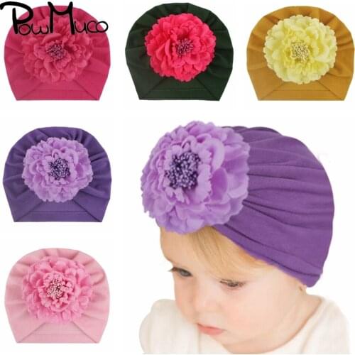 Powmuco 18*17 CM Fashion Polyester Cotton Baby Girls Hat Handmade Artificial Flower Infant Caps Children Warm Headwear 7 Colors