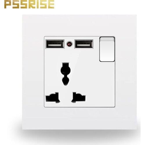 A08 Universal Three-hole with 1 switch 2USB Socket Tempered Glass panel Wall Outlet Grounded household socket home improvement