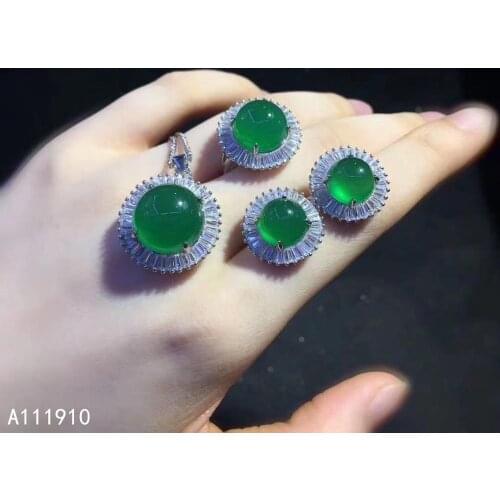 KJJEAXCMY fine jewelry 925 sterling silver inlaid Natural Green chalcedony pendant ring earring womens suit support detection