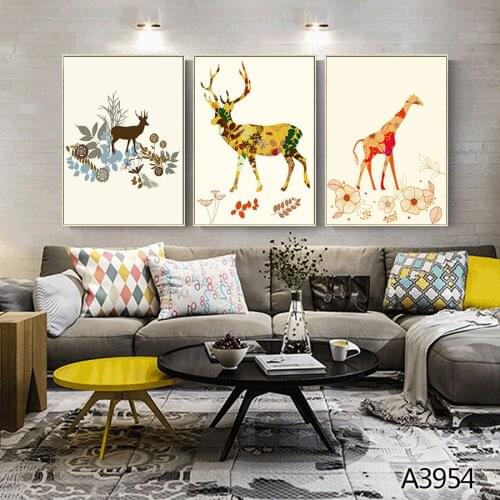 Modern Oil Painting Print on Canvas 3pcs Color Cartoon Animal Deer Modular Canvas Printing Wall Art Picture for Home Decor