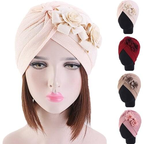 Women India Hat Women Muslim Islamic Elastic Turban Head Scarf Flower Beanie Hat Headwear Fashion Ruffle Turban Chemo Cap Pleate