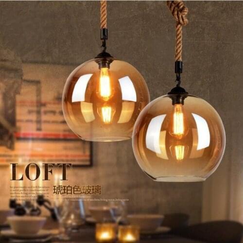 Loft Vintage retro Industrial Glass Ball Hemp rope Pendant Lights E27 AC 110V 220V lamp for Dining room Living Room Cafe Bar