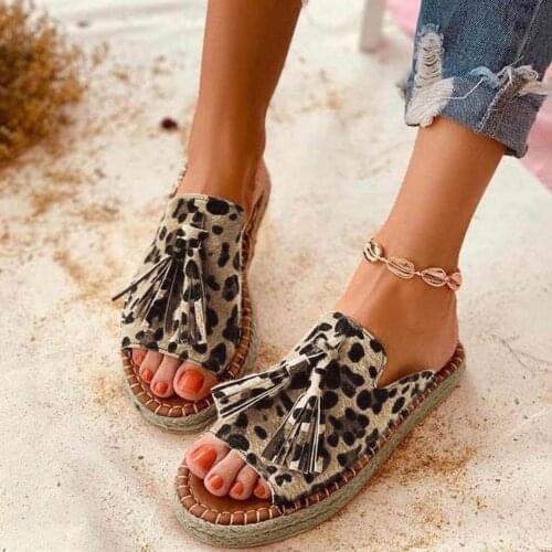Women Sandals 2021 Summer Tassel Leopard Print Open Toe Slip On Ladies Mules Shoes Vintage Female Flat Slippers Chaussure Femme