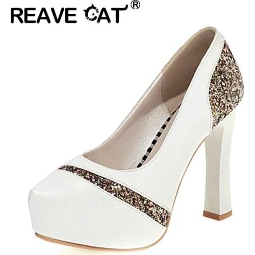 REAVE CAT 2021 Office Lady Elegant Pumps Glitter Platform Slip On Pointed Toe 11.5CM Spool Heel US12 Black Red Gold Sliver A4460