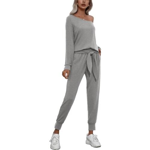 Hirigin 2Pcs Women Tracksuits Solid Color Sloping Shoulder Strapless Long Sleeves Tops With Tied Elastic Waist Casual Pants